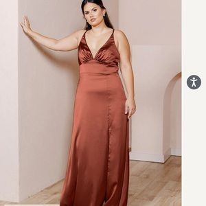 Revelry Carmen Satin Dress in Terracotta Rust